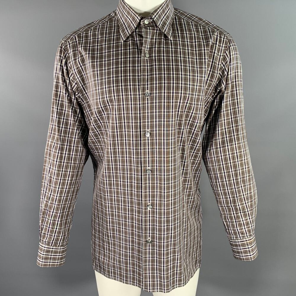 ERMENEGILDO ZEGNA Size L Brown Black White Plaid Cotton Long Sleeve Shirt